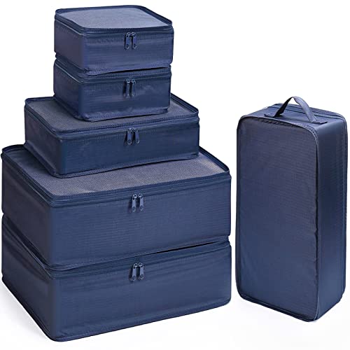 Mossio 6 Set Packing Cubes with Shoe Bag - Lightweight Travel Luggage Suitcase Organizers - color: Navy Blue