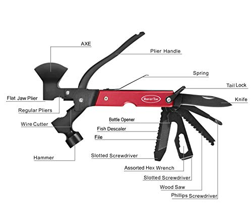 RoverTac 14-in-1 Multitool Camping Axe Hatchet – Essential Camping Gear with Knife, Hammer, Saw, Bottle Opener, Screwdriver – Multi Tool with Sheath – Gifts for Men, Dad, and Outdoor Adventures - color: Red