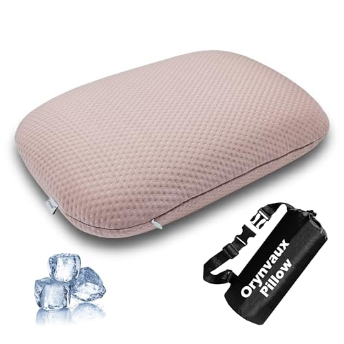 Cooling Camping Pillow, Memory Foam Travel Pillow with Adjustable Buckle Strap & Storage Bag, Compact Small Pillow for Airplane, Car Lumbar, Office, Washable Cooling Cover, Sakura Pink - color: Sakura Pink, size: S-14.9*10.2*3.6in