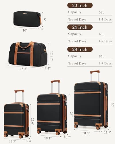 LONG VACATION Luggage Sets 5 Piece, Suitcases With Wheels, PC+ABS Hardshell Luggage Set with Spinner Wheels, TSA Lock (Black Brown) - color: Black Brown, size: 5 Piece Set (20, 24, 28 Inch)