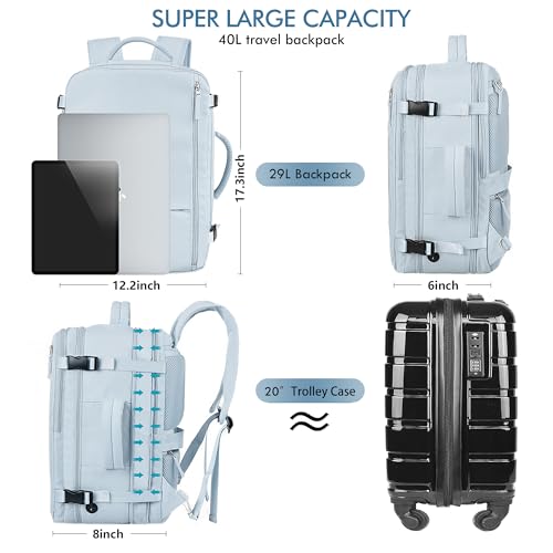 Beraliy 29L Travel Backpack Women, Airline Approved Backpack, Carry On luggage, 17.3 inch Laptop Backpack, Waterproof Business Hiking Weekend Bag, Light-blue - color: Light-blue, size: X-Large
