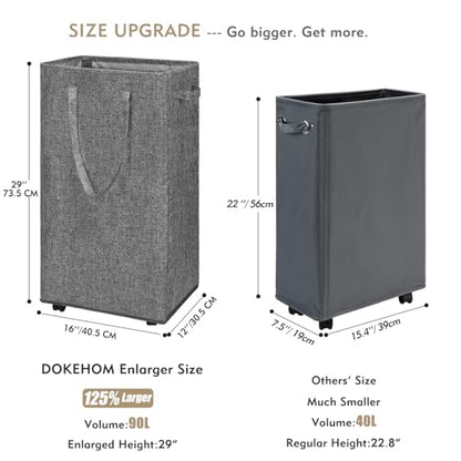 DOKEHOM 90L X-Large Laundry Basket with Removable Wash Bag on Wheels, Collapsible Rolling Laundry Hamper, Foldable Clothes Organizer, Folding Washing Bin (Linen Grey) - color: Linen Grey, size: X-Large Pro 29"