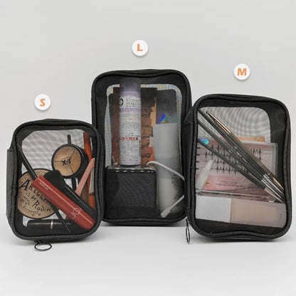 Mesh Makeup Bag, 3 Pcs Makeup Bag Set, Lightweight Mesh Cosmetic Bag with Zipper (S, M, L) - color: Black Mesh, size: Set - Small, Medium, Large