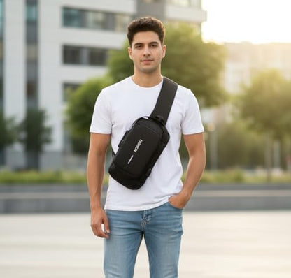 Unisex Anti-Theft Sling Bag with USB Port, Water-Resistant Crossbody Chest Backpack for Travel & Work - color: Black