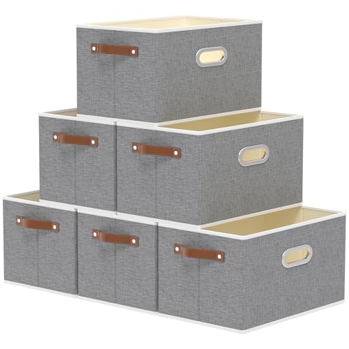 Yawinhe Fabric Storage Bins with Handles, Foldable Baskets for Shelves, Cubes with 3 Handles, Large Boxes for Clothes, Grey, 16.9''Lx11.8''Wx10.2''H, 6-Pack - color: Grey, size: 16.9x11.8x10.2inch(6-Pack)