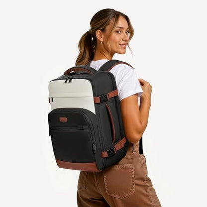 mibasies 30L Travel Backpack for Women & Men: Flight Approved Carry On Backpack, TSA Personal Item Bag with Water Bottle Pocket, Weekender Essentials Backpacks fits 15.6" Laptop - Black White Brown - color: Black White Brown, size: Large