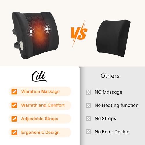 CILI Lumbar Support Pillow for Office Chair, Heated Back Support Pillow with Vibration, Back Massager for Chair, Back Rest Cushion Pillow for Desk Chair Sofa, Gifts for Mom Dad Women Men