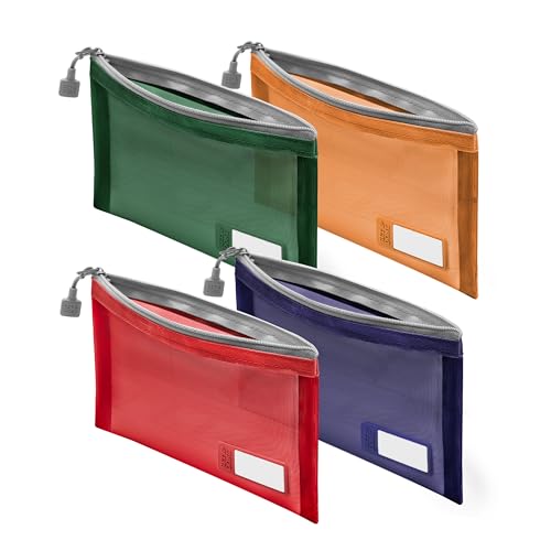 Set & Done Onama Flexi Mesh Zipper Pouch – Durable Clear Nylon Storage Bag with Name Tab for Makeup, Travel, Diaper Bag & Office Organizing - color: Crimson Twilight, size: Pack of 4