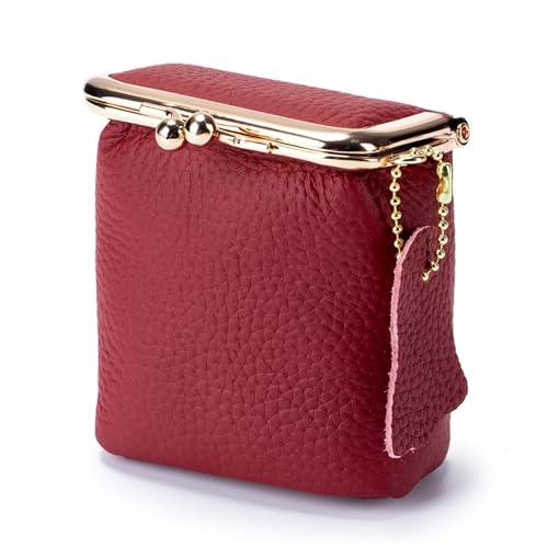 Litchi Leather Coin Purse for Women, Portable Vintage Wallet Mini Lipstick Holder Fashion Solid Color Kiss Lock Key Storage Square Pouch (Wine red) - color: Wine red