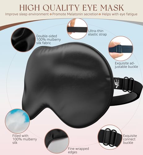 HiRui Silk Sleep Mask, 100% Natural Mulberry Silk of Double-Sided & Inner-Filling, Ultra-Smooth Soft, Adjustable Strap, Blocks Light for Night Sleeping, Travel, Office Naps (Black) - color: Black