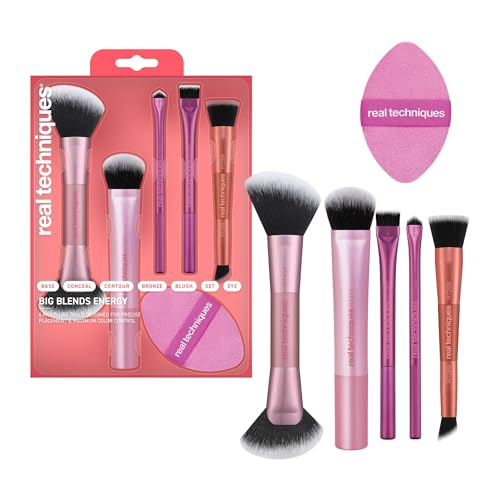 Real Techniques Big Blends Energy Brush + Dual-Sided Puff Kit, 6 Piece Face Makeup Brush & Puff Set for Foundation, Concealer, Powder & Blush, Travel Friendly, Cruelty-Free & Vegan