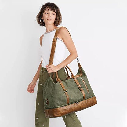S-ZONE Weekender Bag for Men Canvas Duffle Large Weekend Overnight Travel Carry On Tote Bag with Shoe Compartment (Army Green) - color: B-Army Green
