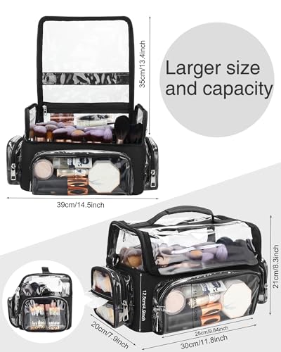 Makeup Brush Bag, Makeup Brush Case for Makeup Artist with Plastic Dividers Washable, Portable Travel Makeup Train Case with Clear Waterproof Cover for Easy to Clean and Find with Adjustable Strap - color: Clear+Black