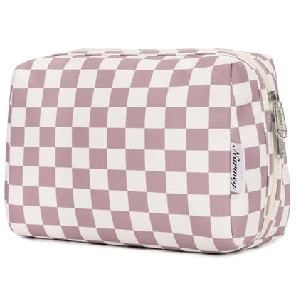 Narwey Checkered Makeup Bag Pink Travel Cosmetic Bag Organizer Toiletry Bag Make Up Bags with Compartments for Women Girls (Large, Dusty Rose Checkerboard) - color: YB-Dusty Rose Checkerboard, style: Large