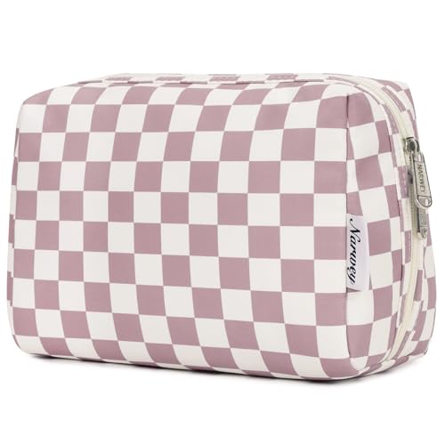 Narwey Checkered Makeup Bag Pink Travel Cosmetic Bag Organizer Toiletry Bag Make Up Bags with Compartments for Women Girls (Large, Dusty Rose Checkerboard) - color: YB-Dusty Rose Checkerboard, style: Large