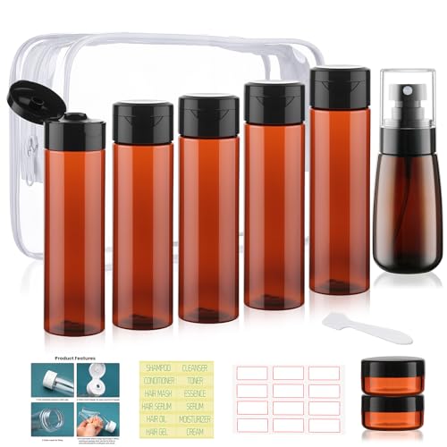 9 PCS 3.4oz Travel Bottles for Toiletries TSA Approved Travel Size Containers Leak Proof Plastic Squeeze Bottle Small Cream Jars & Refillable Spray Bottle for Shampoo Conditioner Toner(Brown) - color: A-Brown