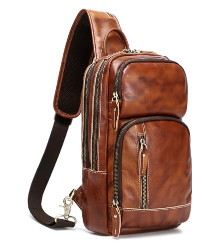 LANNSYNE Full Grain Leather Sling Bag For Men Crossbody Chest Daypack fits 10.5" iPad - color: Orange for 10.5" Ipad