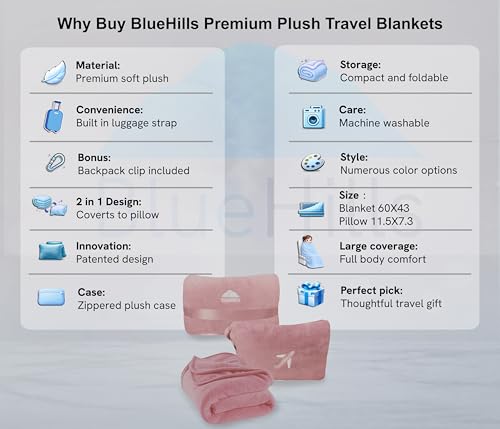 BlueHills Premium Soft Travel Blanket Pillow Compact Mini Airplane Blanket with Portable Pillowcase Long Flights - Dusty Rose Pink M02 - color: Pink-m02