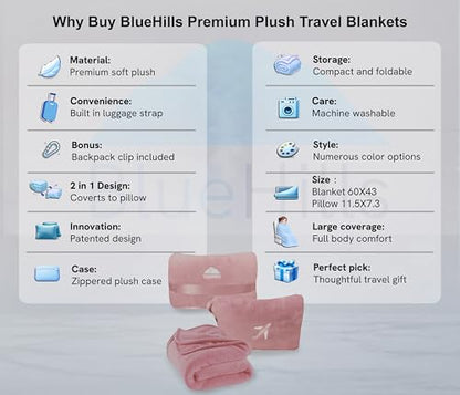 BlueHills Premium Soft Travel Blanket Pillow Compact Mini Airplane Blanket with Portable Pillowcase Long Flights - Dusty Rose Pink M02 - color: Pink-m02