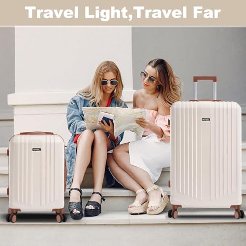 Hoteel Luggage Sets 3 Piece, 4-Year Warranty, Durable Suitcase Set with Spinner Wheels, ABS Hard Shell Lightweight Luggage with TSA Lock, Large Checked Travel Suitcases, Beige(20/24/28) - color: Beige, size: 20/24/28 inch