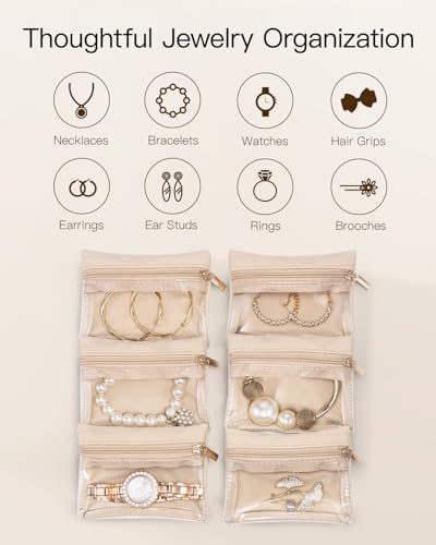 VLANDO Travel Jewelry Case,Valentines Gifts,Small Jewelry Box Organizer,Travel Jewelry Storage with 6 Velvet Jewelry Zipper Pockets, Birthday Gifts for Women Girls (White) - color: 6PCS-White