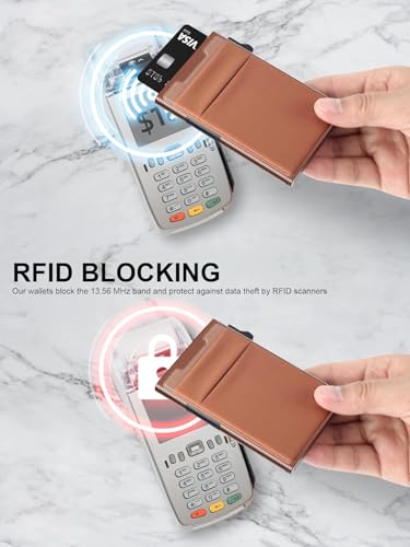 TOYFID Slim Wallet for Men - Pop Up Card Holder Wallet,Minimalist Business Wallet,Credit Card Wallet with Money Pocket,Metal Card Case Wallet,RFID Blocking,Can Hold 6 Credit Cards - color: brown B