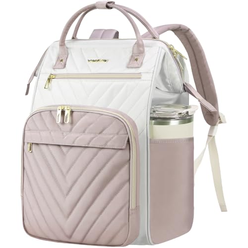 VANKEAN 17 Inch Laptop Backpack for Women Fashion Computer Work Bag, Large Capacity Waterproof Backpack, College Daypack Business Travel(Beige/Dusty pink, 17.3 Inch) - color: Beige/Dusty Pink, size: 17.3 Inch