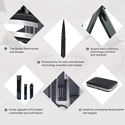 Manicure Set, Travel Mini Nail Clippers Kit Pedicure Care Tools, 10pcs Stainless Steel Grooming kit (Black) - color: Black