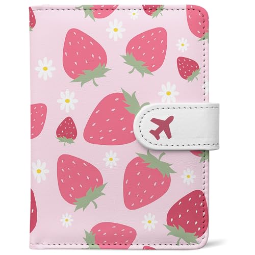 Passport Holder, Travel Wallet Cover with Pen Loop | Cute RFID Blocking Leather Case with Magnetic Closure for Travel Essentials-Strawberry - color: I-Strawberry