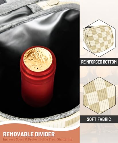 Insulated Wine Bag - Wine Bottle Carrier Tote Cooler Bags for Gifts Travel Picnic Beach, Khaki Checkered Pattern - 1 Bottle - color: Khaki Checkered Pattern, size: 1 Bottle