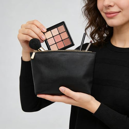 3 Pcs Makeup Bag Set for Women Black Soft Leather Travel Cosmetic Bag Make Up Pouch Small Travel Zipper Pouch,Water-resistant Makeup Organizer Bag for Women（Flat black） - color: Flat black