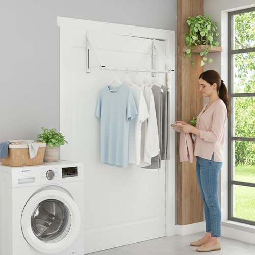 Over The Door Clothes Hanger Rack Foldable Space-Saving Over The Door Hooks for Laundry Drying Bathroom Towels & Home Office(White)