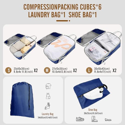8 Set Compression Packing Cubes for Travel, Expandable Luggage Organizer with Shoe Bag & Laundry Bag - Lightweight Suitcase & Backpack Travel Essentials (Navy Blue) - color: Navy Blue