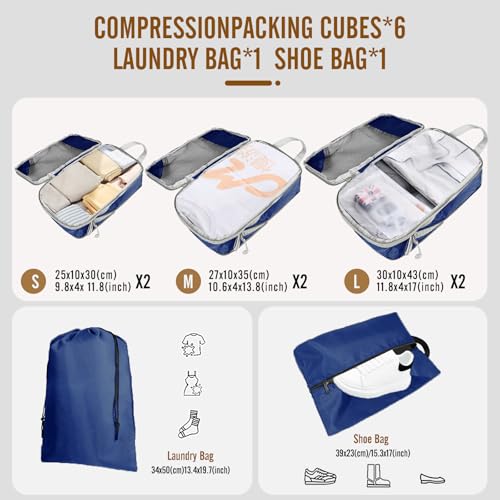 8 Set Compression Packing Cubes for Travel, Expandable Luggage Organizer with Shoe Bag & Laundry Bag - Lightweight Suitcase & Backpack Travel Essentials (Navy Blue) - color: Navy Blue