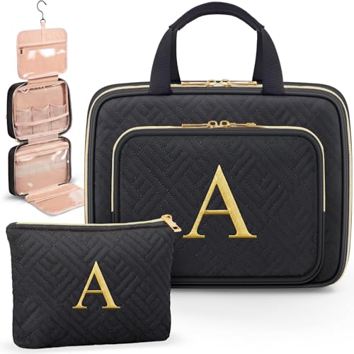 Gifts for Women, Initial Toiletry Makeup Bag Hanging Cosmetic Organizer with Embroidery Letter Personalized Nurse Teacher Appreciation Birthday Mothers Day Gifts for Mom Sister Wife Friends Auntie Her - style: A