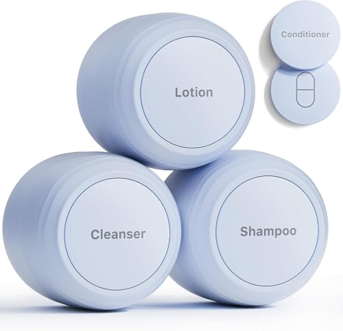 New Travel Toiletry Containers [Ultra Leakproof] TSA-Approved, PLA Hard Shell Jars with 5 Magnetic Labels, Wide Mouth Bottles for Lotion, Cleanser, Shampoo, Conditioner, Blue, 3 Pack, 1OZ - color: Blue, size: 1 oz / 30 ml