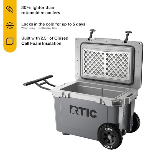 RTIC 52 Quart Ultra-Light Wheeled Hard Cooler Insulated Portable Ice Chest Box for Beach, Drink, Beverage, Camping, Picnic, Fishing, Boat, Barbecue, 30% Lighter Than Rotomolded Coolers - color: Dark Grey & Cool Grey