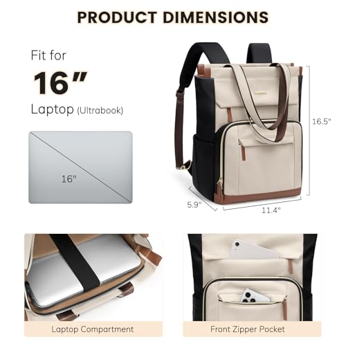 Convertible Daypack Laptop Backpack for Women Men Carry on Tote Backpack Bookbag for College Work Nurse Travel,16Inch,Apricot Brown - color: Apricot Brown