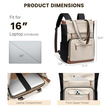 Convertible Daypack Laptop Backpack for Women Men Carry on Tote Backpack Bookbag for College Work Nurse Travel,16Inch,Apricot Brown - color: Apricot Brown