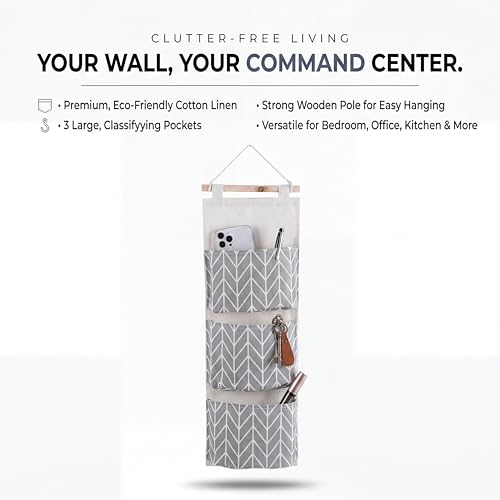 Wall Hanging Storage Bag, 3 Pockets Over The Door Closet Organizer, Cotton Linen Closet Organizer Door Pouch Bedroom Home Office Organizer (Gray)