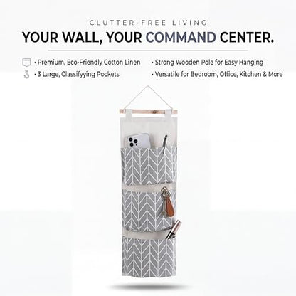 Wall Hanging Storage Bag, 3 Pockets Over The Door Closet Organizer, Cotton Linen Closet Organizer Door Pouch Bedroom Home Office Organizer (Gray)