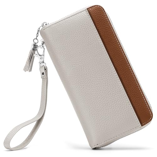 Moflycom Womens Wallet RFID Blocking Genuine Leather Zip Around Wallet Clutch Wristlet Travel Long Purse for Women - color: Z2 Brown1/Beige1