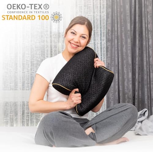 alkamto Travel & Camping Comfortable Memory Foam Pillow – Easy to Carry Portable Bag – Temperature Regulating Pillow Case (Black Contour + Extra Cover) - size: Black Contour Travel + Extra Cover