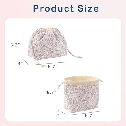 uekeboag Cotton Quilted Seersucker Makeup Bag with Canvas Lining,Coquette Aesthetic Cute Travel Toiletry Bag,Drawstring Gift Bag for Women and Girls（Pinkfloral） - color: Pinkfloral