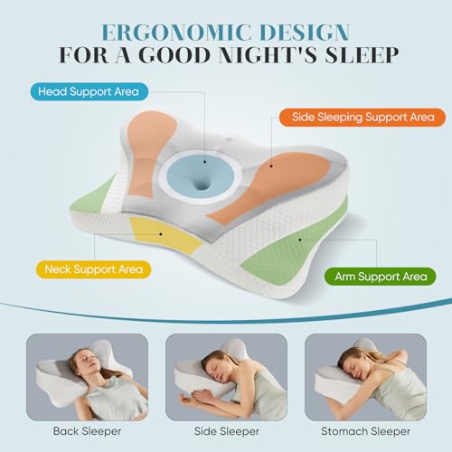 Sweetcrispy Cervical Pillow for Neck and Shoulder - 2 Pack Ergonomic Memory Foam Pillows, Contour Side Sleeper for Adults, Cooling Orthopedic Neck Support for Back Stomach Sleepers,Grey
