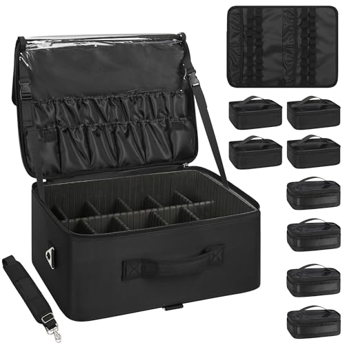 Relavel Extra Large Makeup Case Professional Cosmetic Storage Organizer Box Brush Holder with 8 Clear Set Bags & Lipstick Plate for Makeup Artists with Shoulder Strap & Adjustable Dividers - color: Black with extra 4 samll bags, size: Extra Large