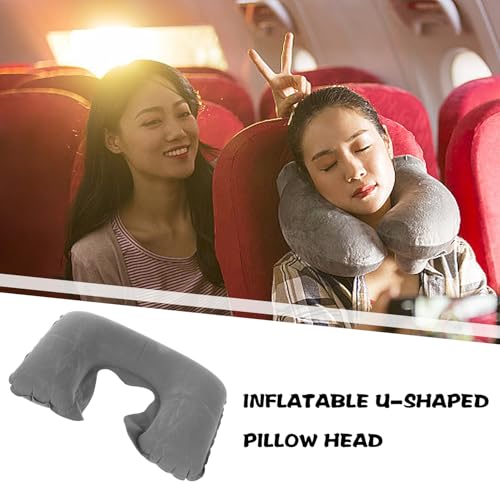PRETYZOOM Inflatable Neck Travel Pillow Set with Blackout Eye Mask, U-Shaped Airplane Neck Pillow for Comfortable Sleep During Flights and Travel, Lightweight Gray Portable 3pcs Kit