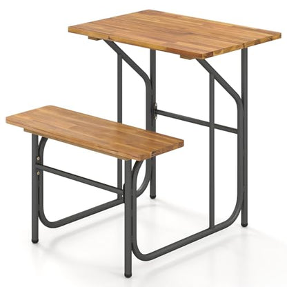 Giantex Single Picnic Table Bench Set, Acacia Wood Outdoor Dining Table Set, Heavy Duty Metal Frame, Rectangular Tabletop for Porch Patio Lawn Garden (27.5"x32"x29.5") - size: 27.5"x32"x29.5"