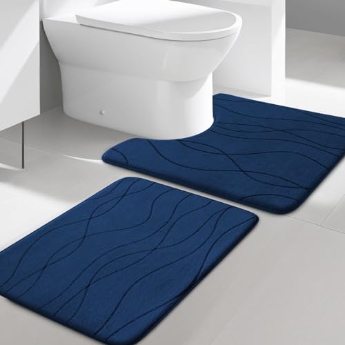 YIHOUSE Memory Foam Bathroom Rug Sets, Navy Blue, 2 Piece-U Shape Small Mat | Ultra Soft, Absorbent, Non-Slip, Machine Washable - color: Dark Blue, size: 1'5" x 2'