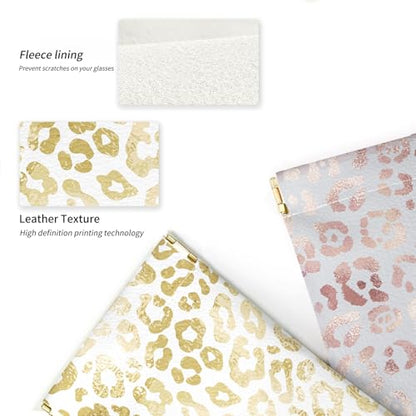 Glasses Case Soft, Eyeglass Cases for Women Portable Squeeze Top PU Leather 2 Pack Glasses Pouch with Cleaning Cloth - color: 2pcs Pink Leopard+gold Leopard